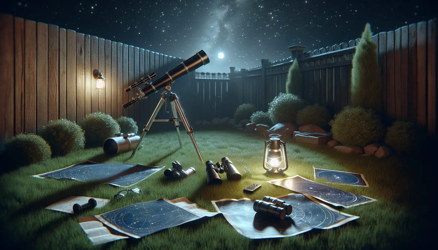 Generate a colorful image of children pointing at stars with a telescope on a grassy hill.