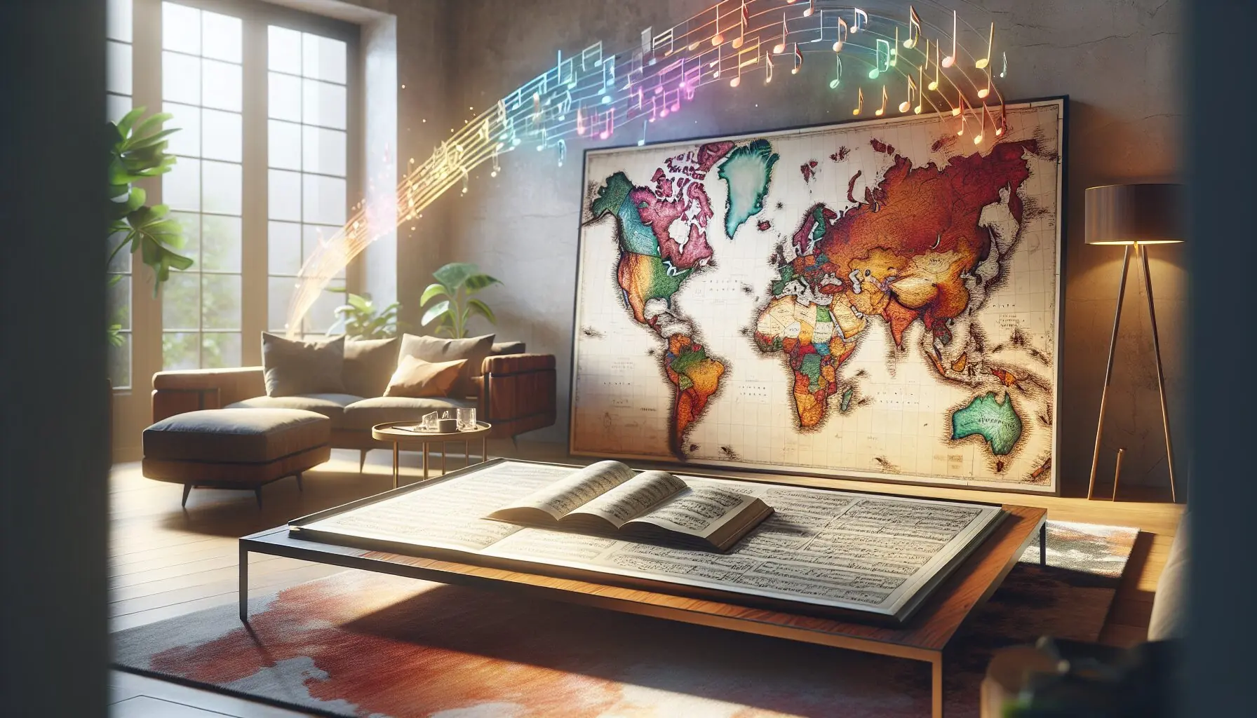 Generate an image of a colorful world map with musical notes floating above it.