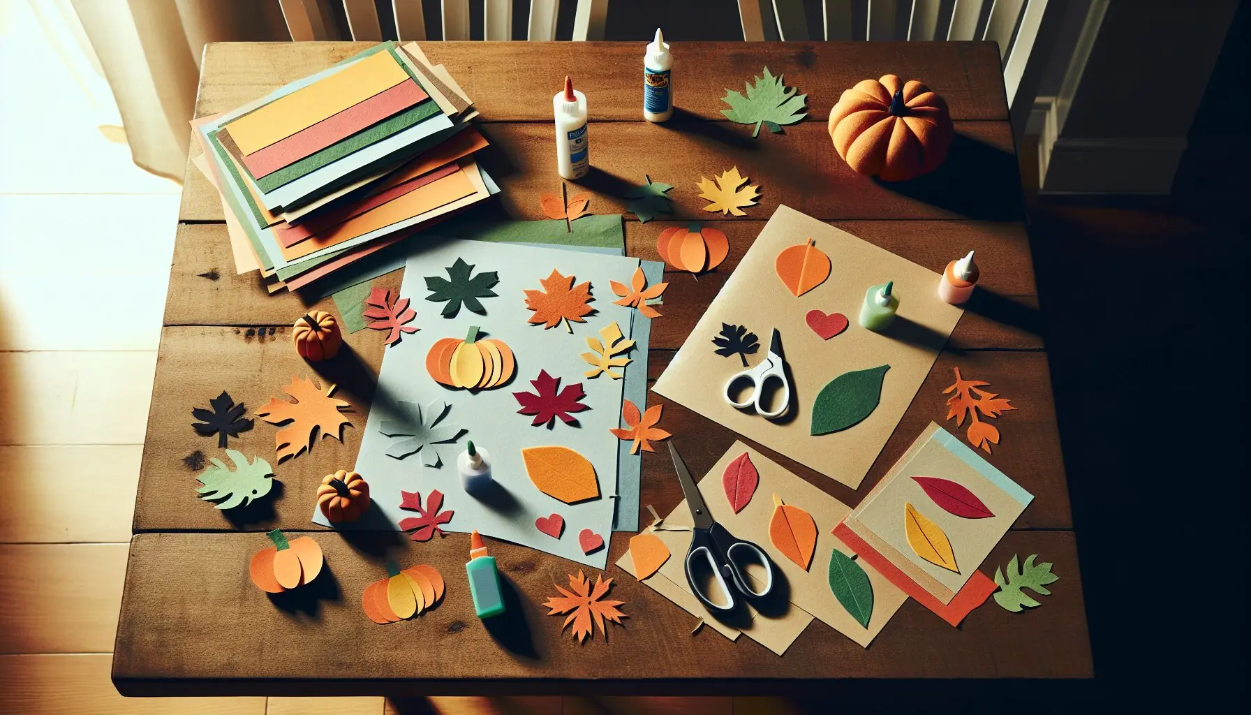Generate an image of a child placing cut-out shapes of leaves and pumpkins on a large piece of cardstock.