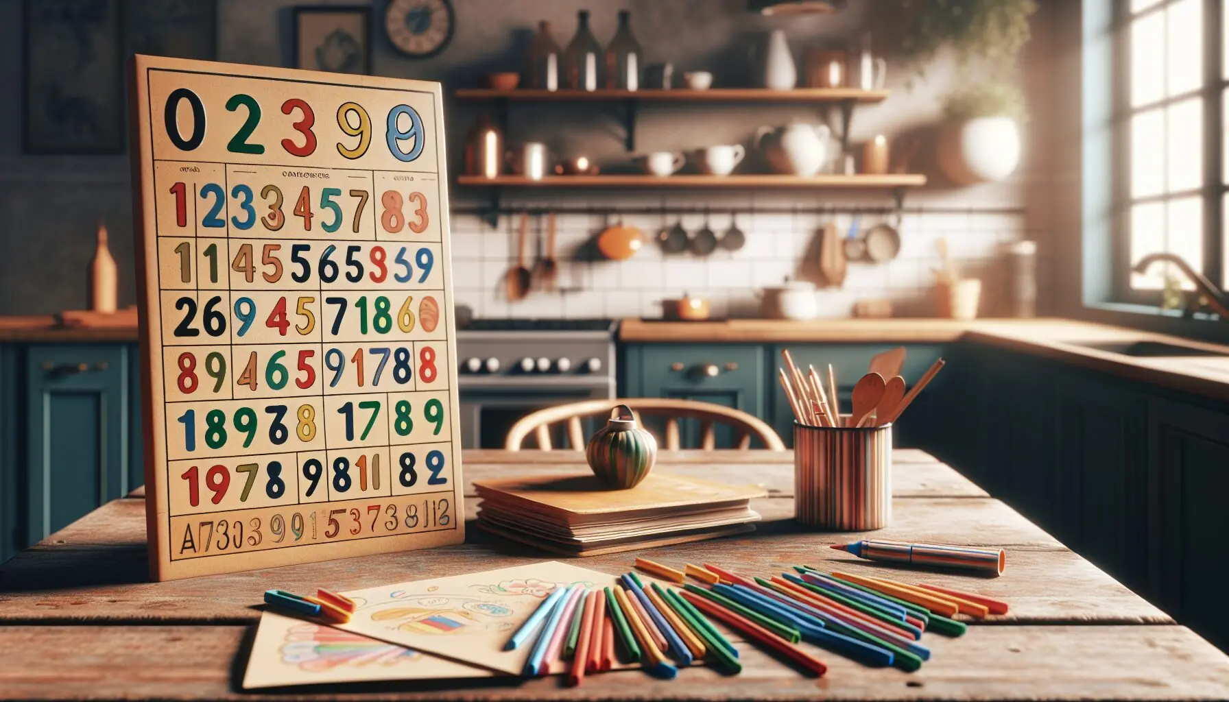 Generate an image of a vibrant counting chart featuring numbers in English, Spanish, and French, accompanied by crayons.