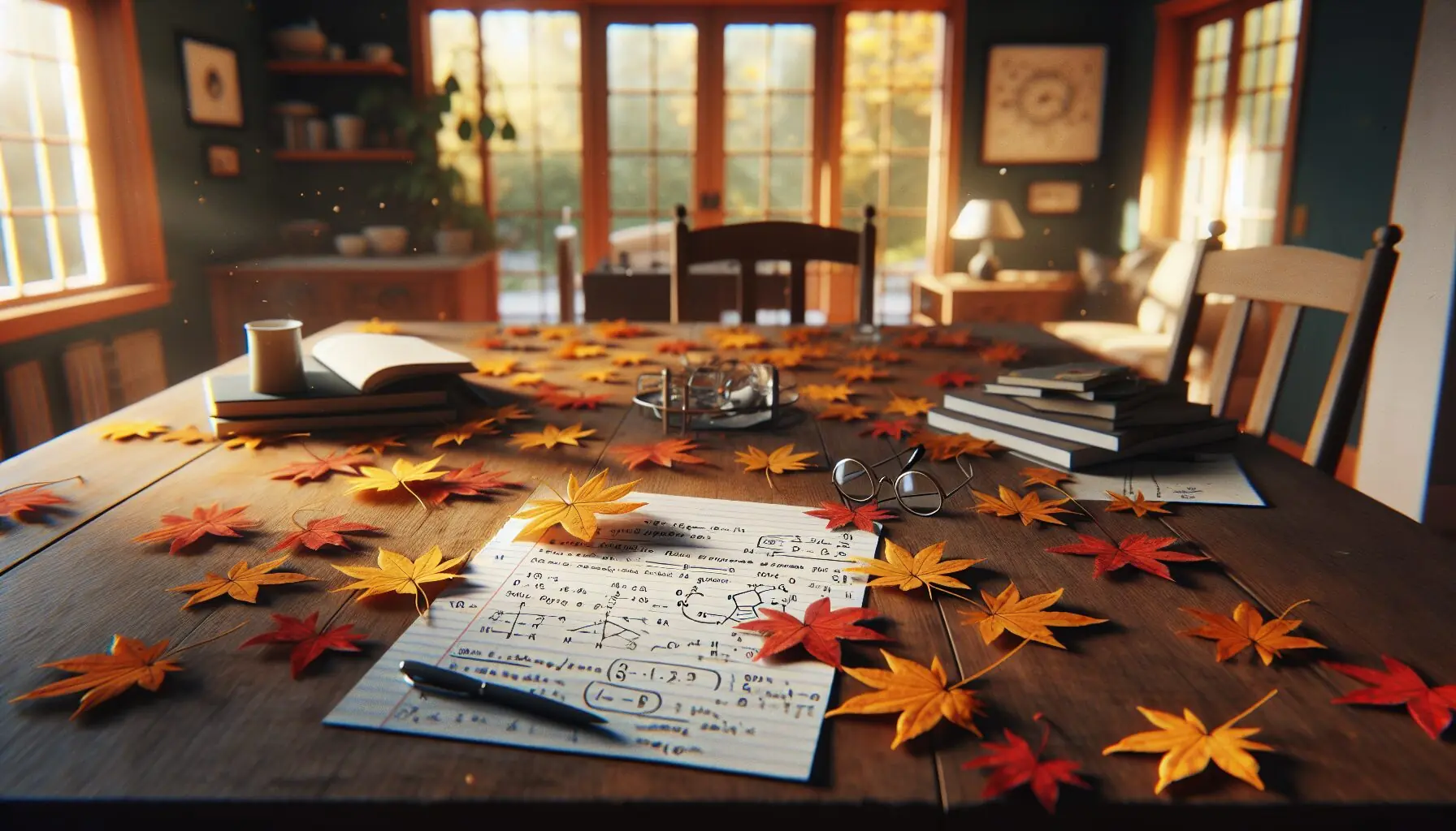 Generate an image of autumn leaves and science notes scattered around a wooden table.