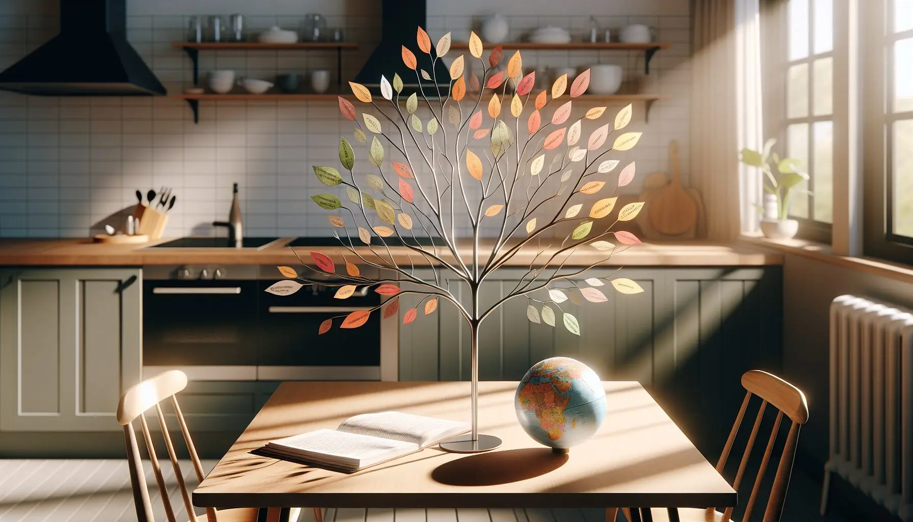 Illustrate a tree with paper leaves featuring various words of gratitude, with a globe beside it.