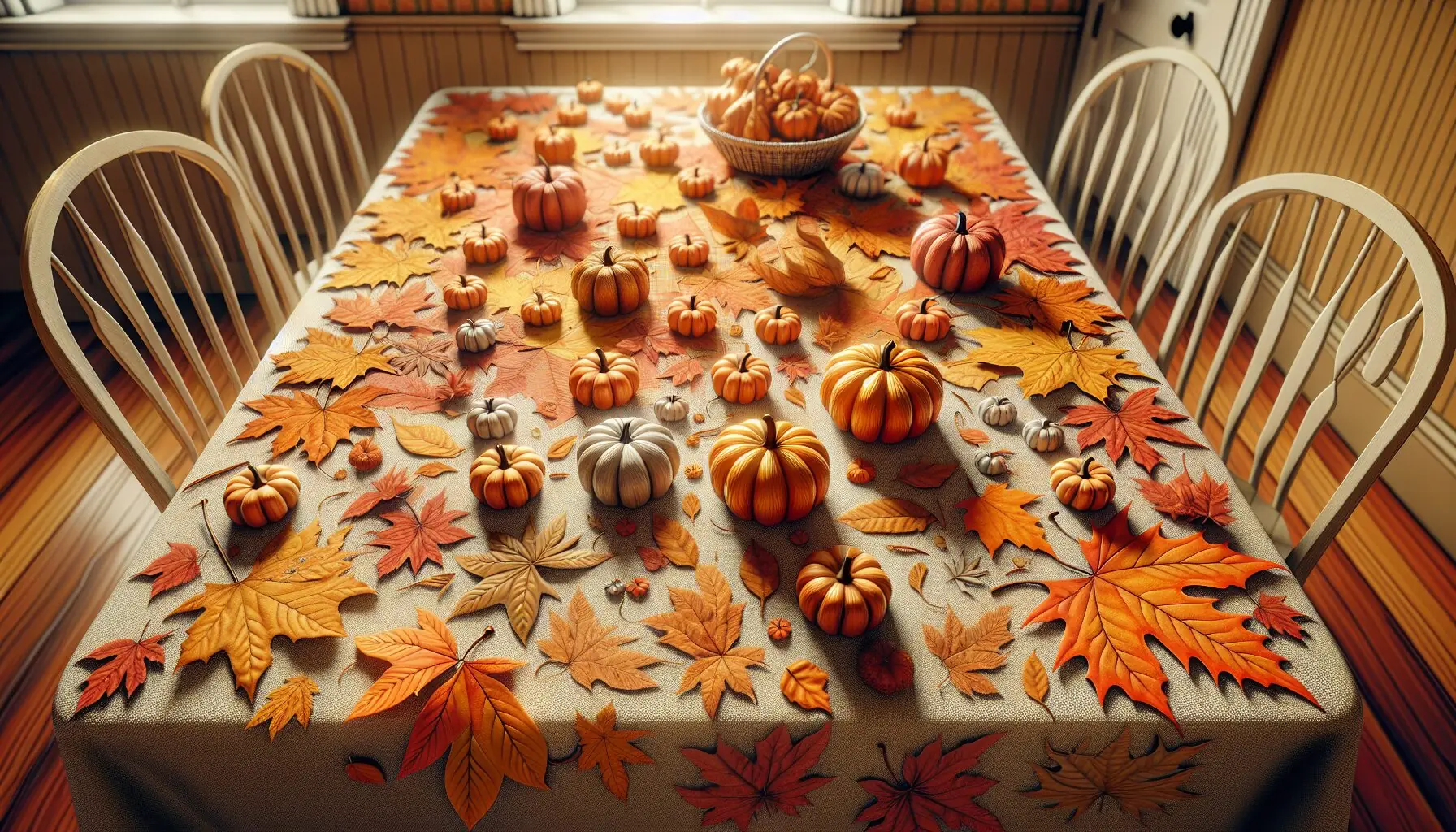 Generate an image of autumn leaves and pumpkin-shaped cut-outs scattered on a colorful tablecloth.