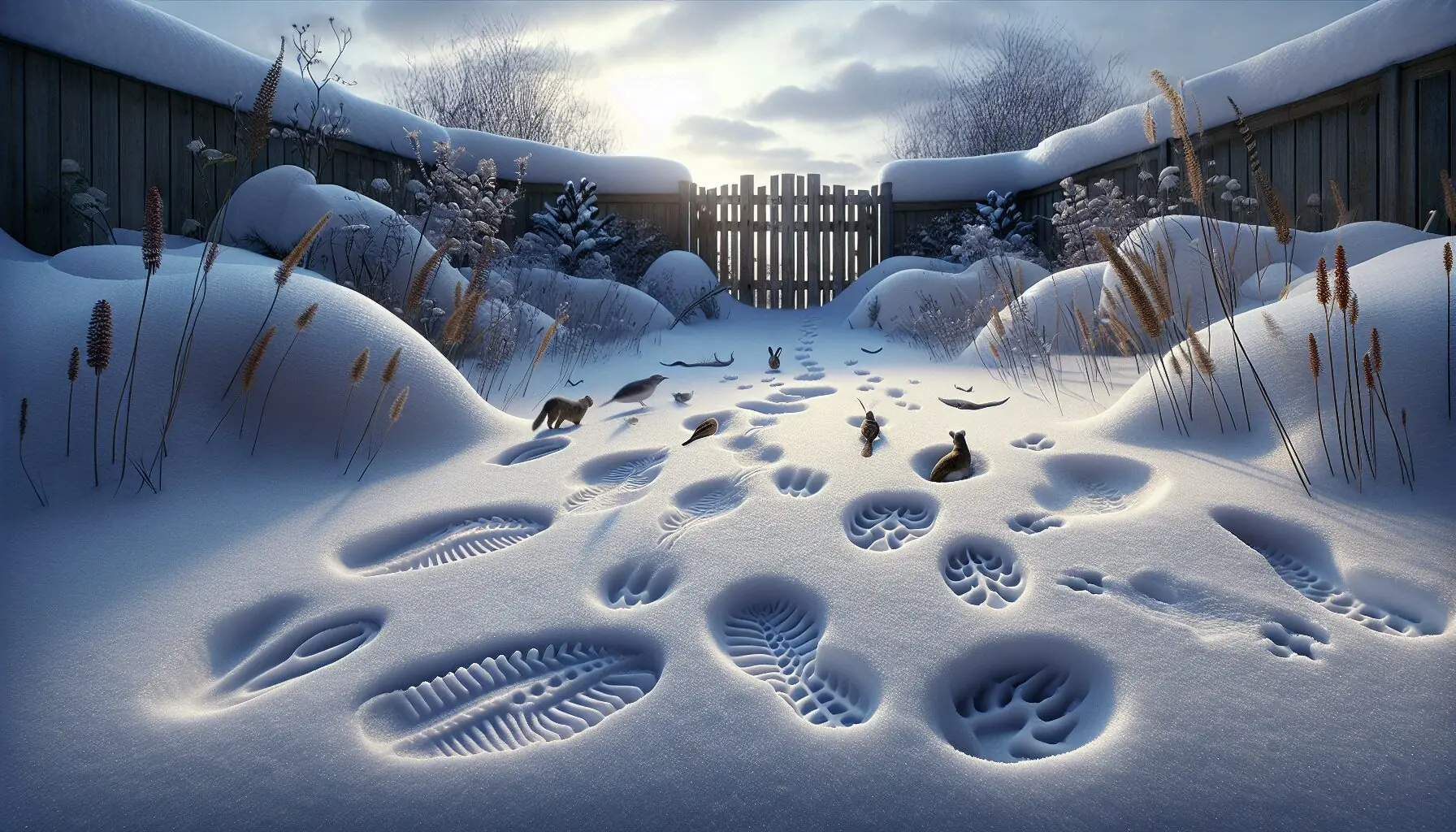 Generate an image of various animal tracks in the snow, illustrating animal adaptation in winter.