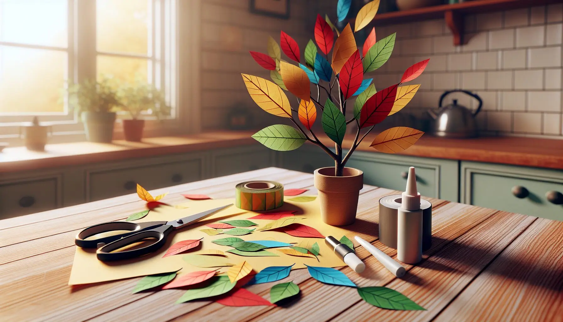 Create an image of colorful paper leaves, a stick, scissors, and glue ready for crafting.