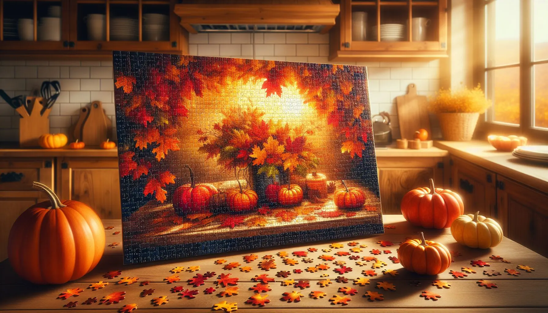 Generate an image of a completed autumn-themed puzzle framed by autumn leaves and small pumpkins on a table.