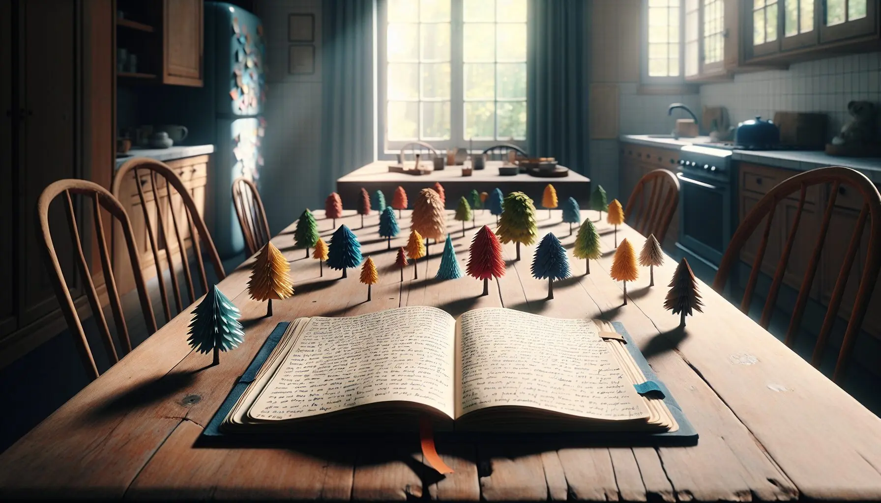 Design an image of a journal open to a page of reflections, surrounded by small handmade paper trees.