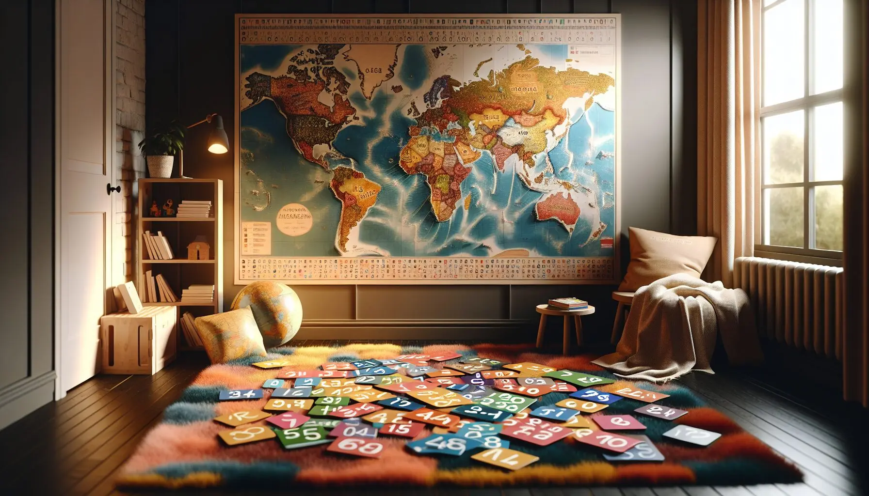 Generate an image of a child’s room decorated with a cultural map and playful multilingual number cards.