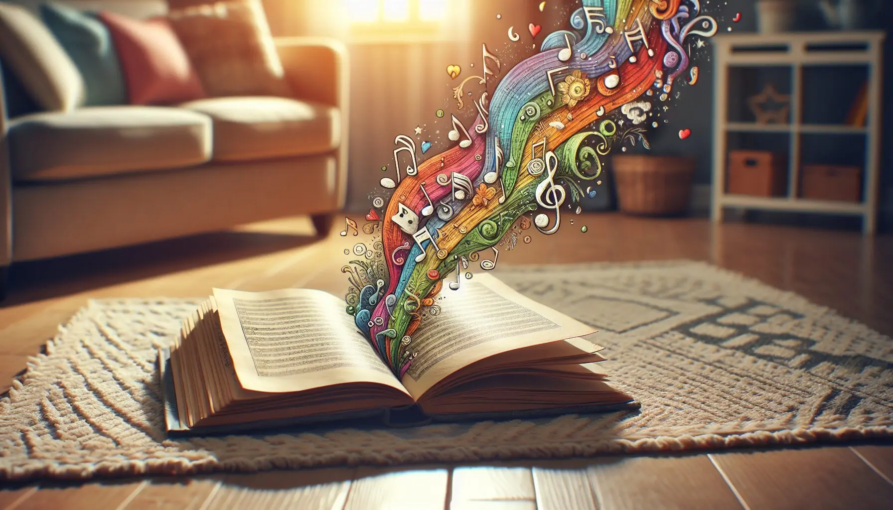 Generate an image of musical notes in playful shapes and colors flowing from a book, with child-like doodles alongside.