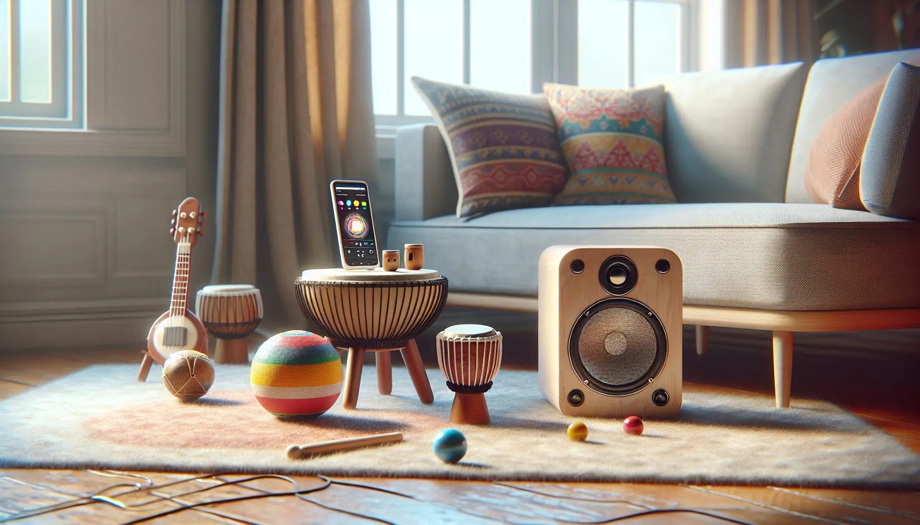 Create an image of a cozy living room setup with a speaker playing music, and various cultural symbols displayed (e.g., drums, sitar).