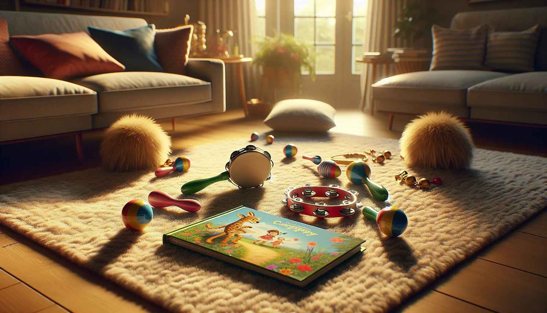 Generate an image of a children's book next to various colorful musical instruments like a tambourine and maracas.