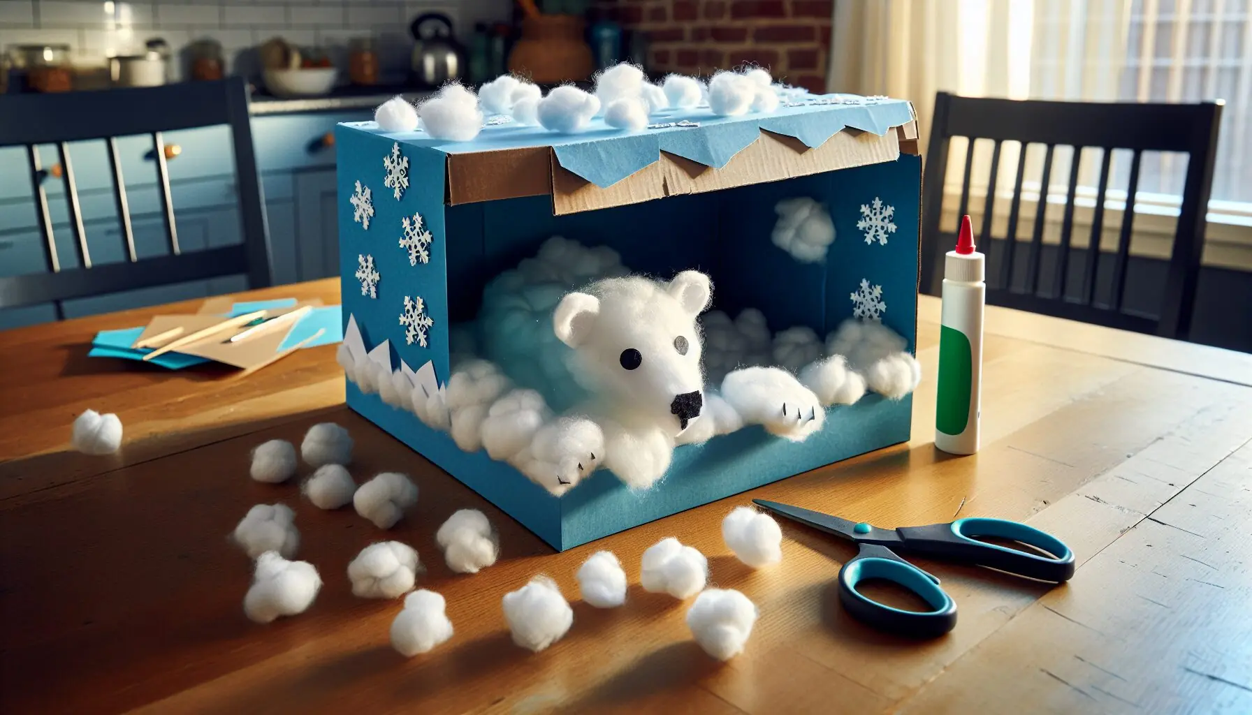 Generate an image of a shoebox transformed into a polar bear den, decorated with cotton snow.