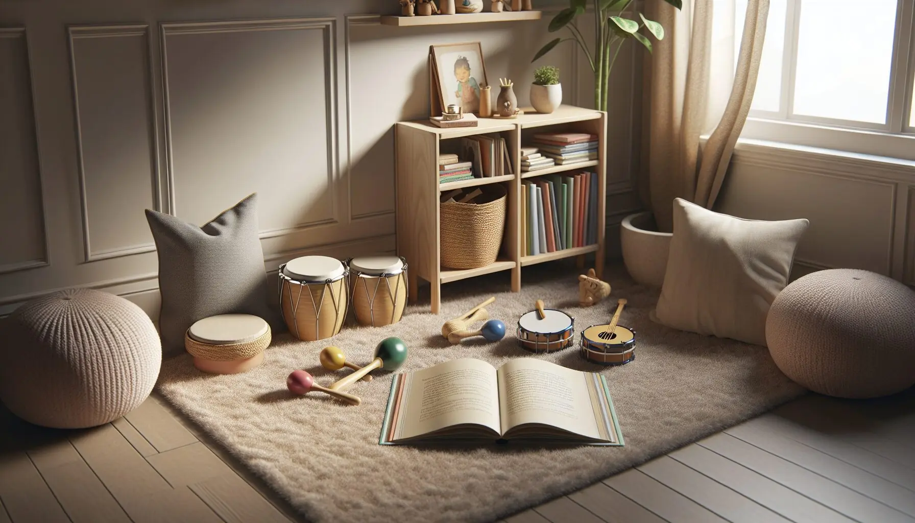 Generate an image of a cozy reading nook with a book open and a small drum set, maracas, and pots arranged around it.