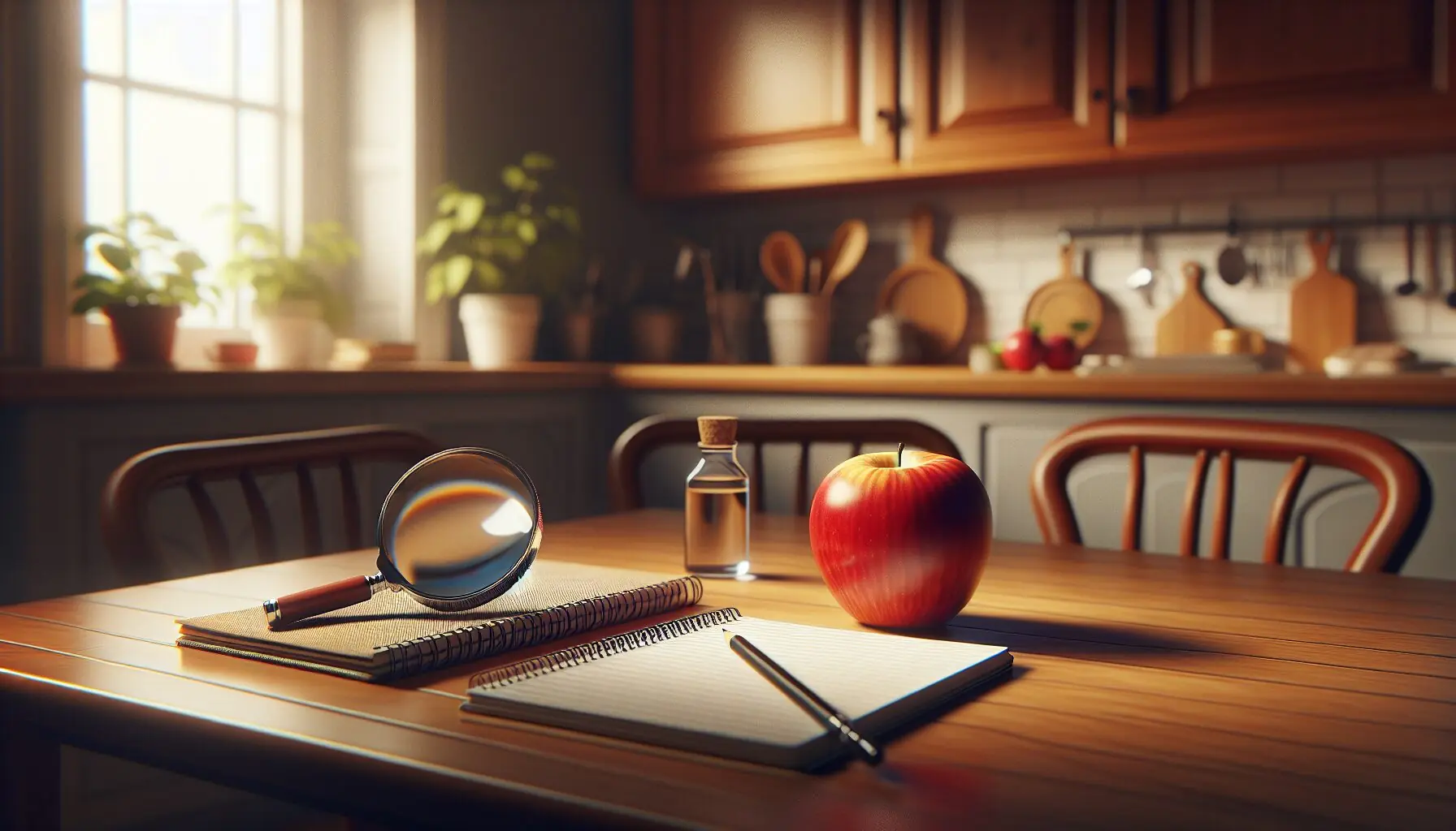 Create an image of a vivid, red apple on a wooden table surrounded by a small magnifying glass and a notebook.