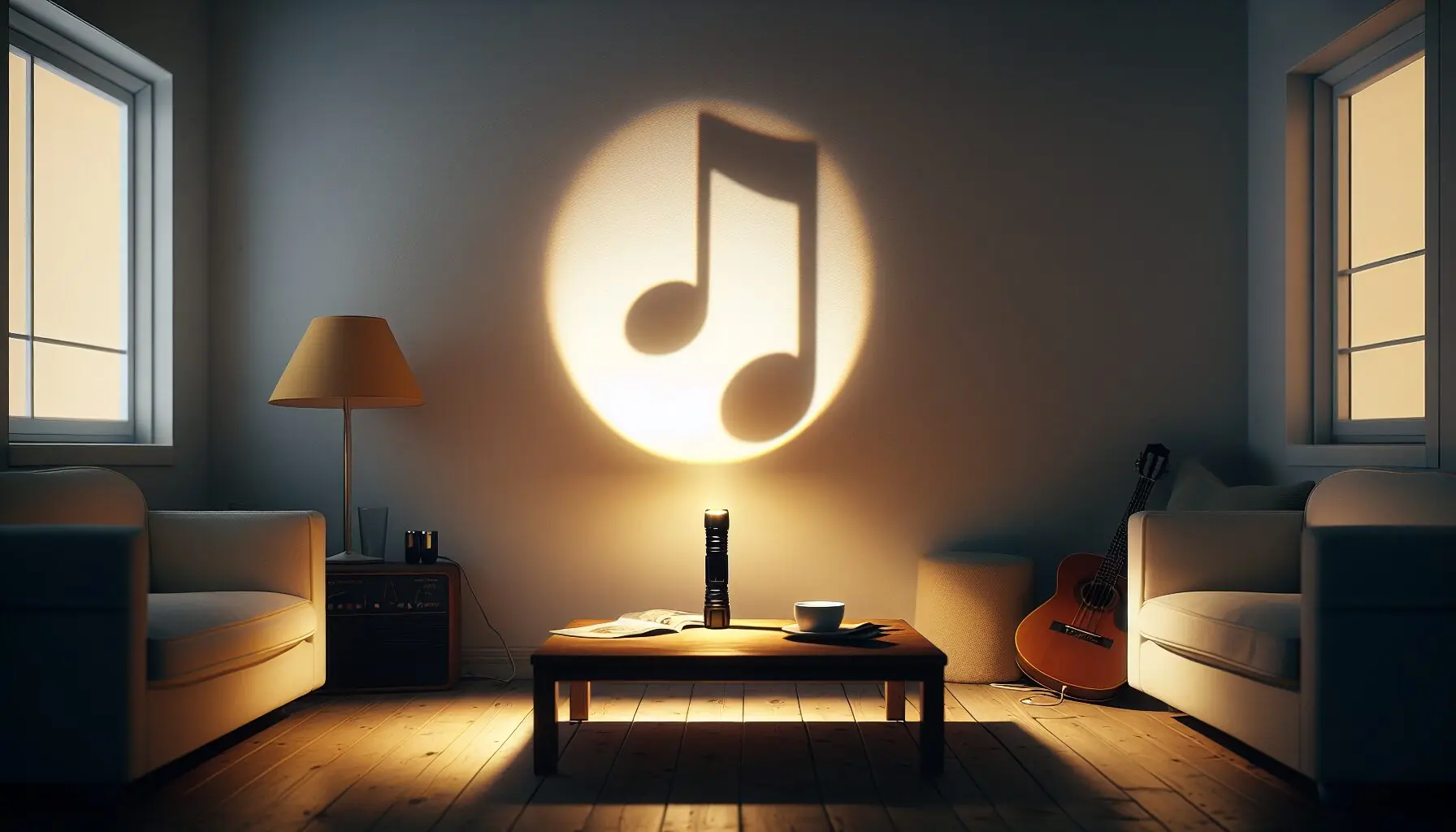 Generate an image of a musical note silhouette softly shadowed on a wall, evoking an imaginative and playful atmosphere.