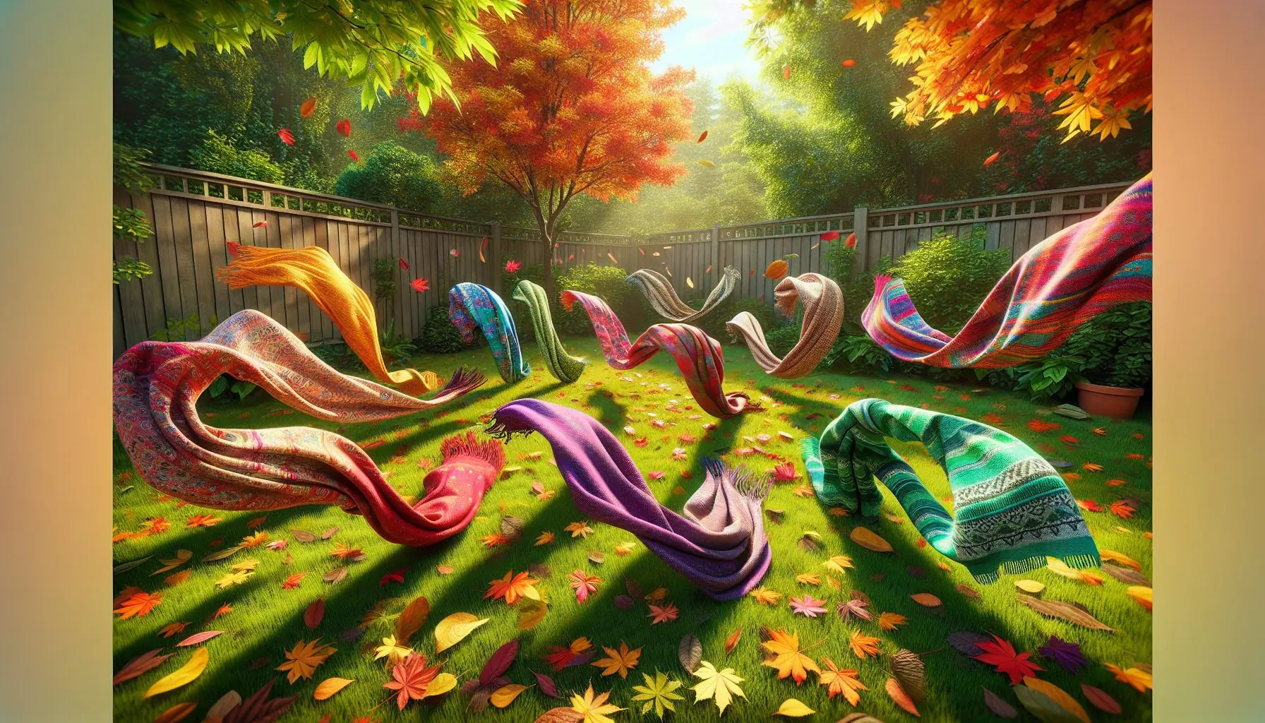 Generate an image of colorful autumn leaves and scarves swirling in an open field.