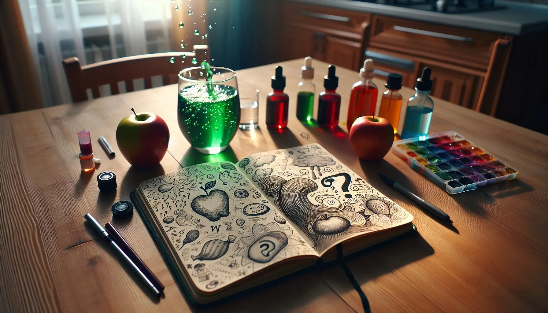 Craft an image of a playful journal page layout with doodles of apples, splashes of water, and question marks.