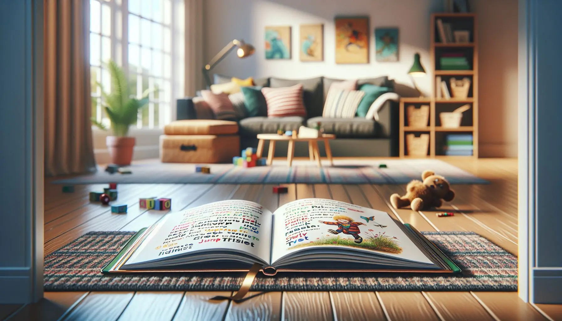 Generate an image of an open storybook with colorful illustrations and action words like 'jump' and 'twist' highlighted.