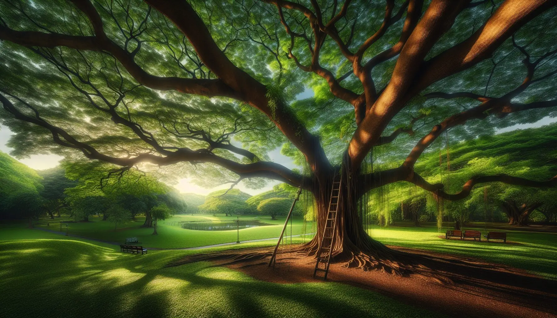 Generate an image of a sturdy tree with low, climbable branches in a sunny park setting.
