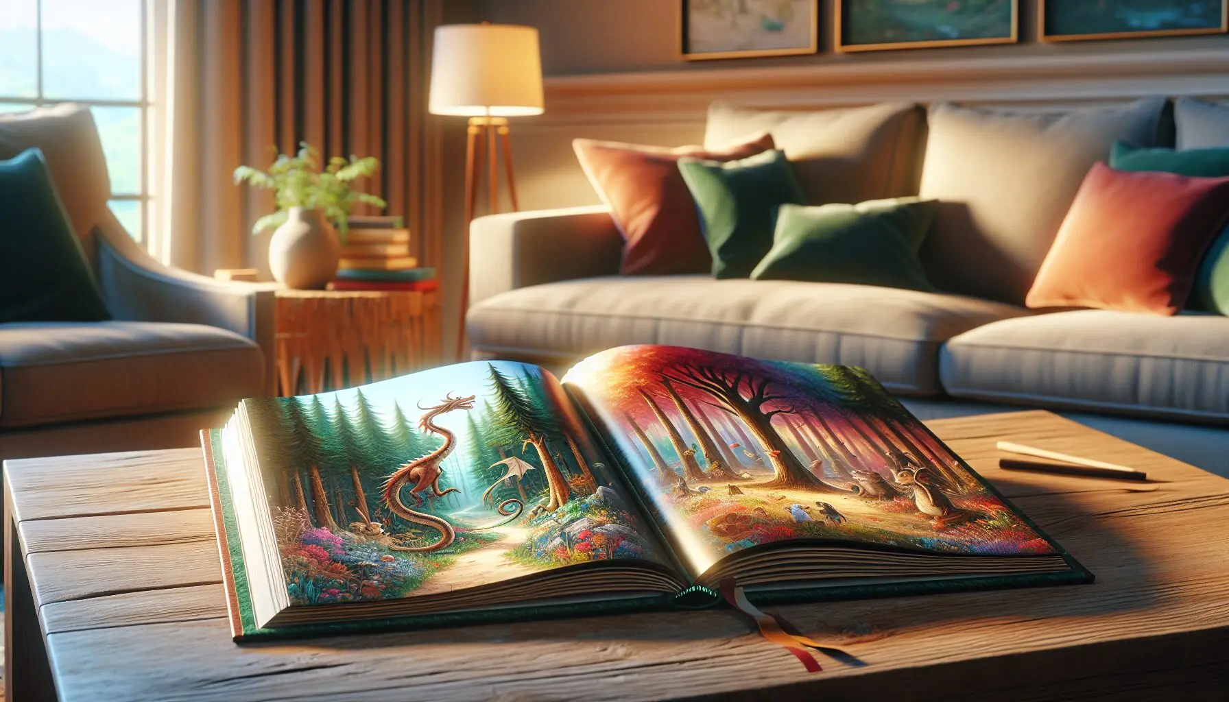 Generate an image of a child holding a storybook with whimsical illustrations of forests and dragons.