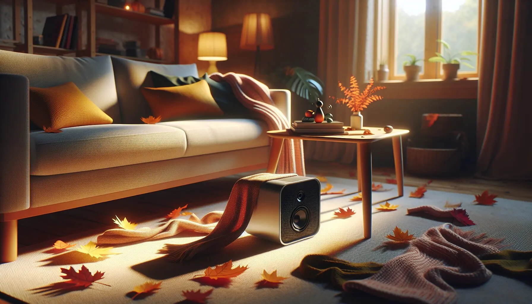 Generate an image of a cozy living room with playful scarves and a speaker for music.