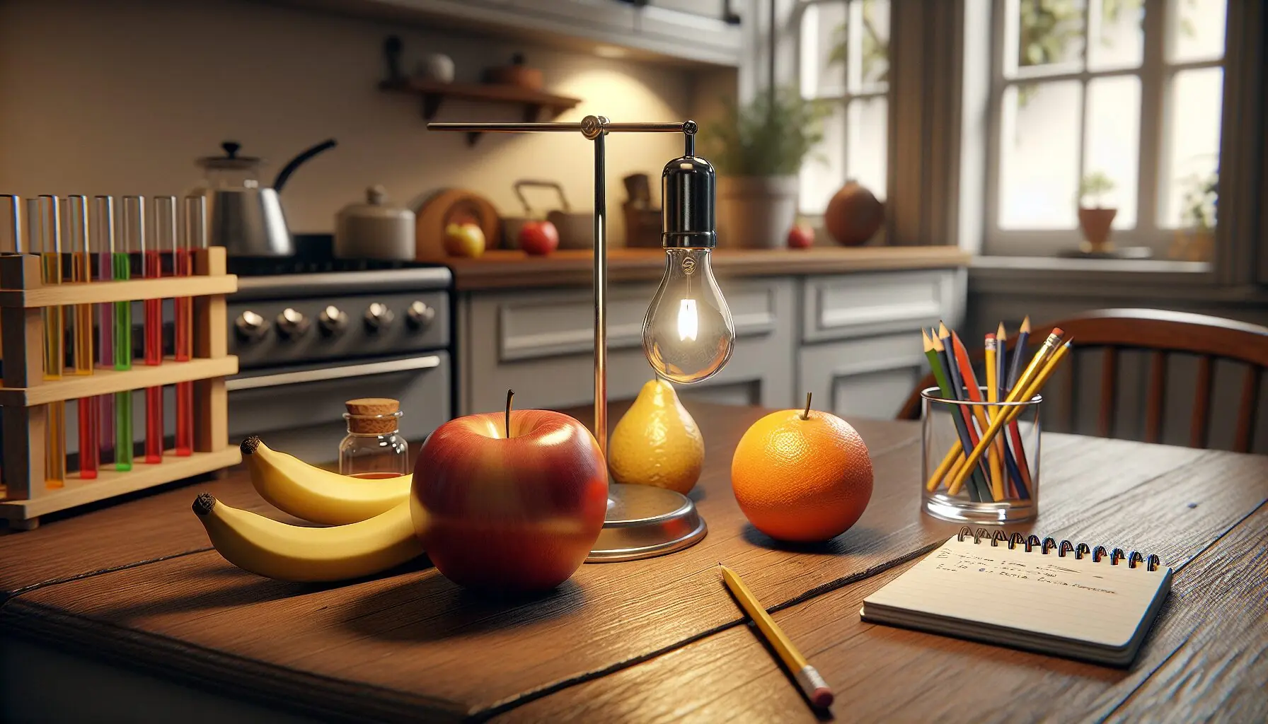 Design an illustration of colorful thought bubbles highlighting different fruits, a question mark, and a light bulb to represent curiosity and discovery.