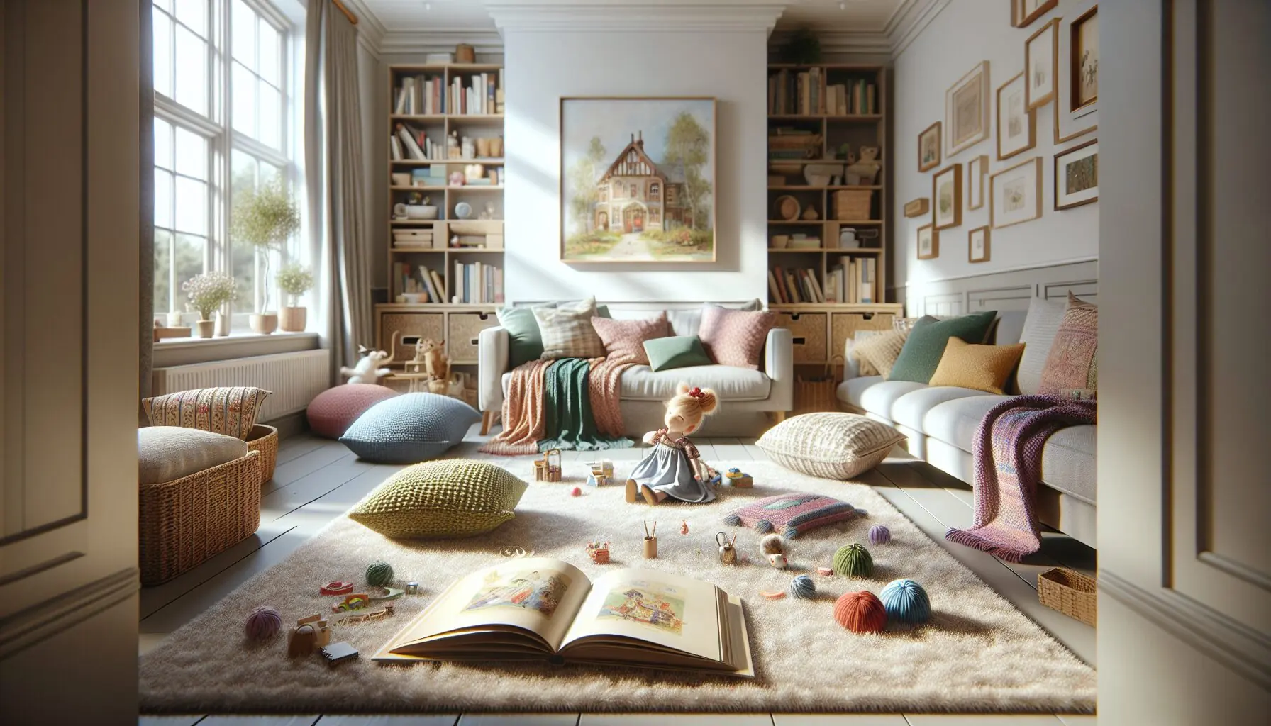 Generate an image of a cozy living room setup with soft cushions and playful props like scarves and toy props on the floor.