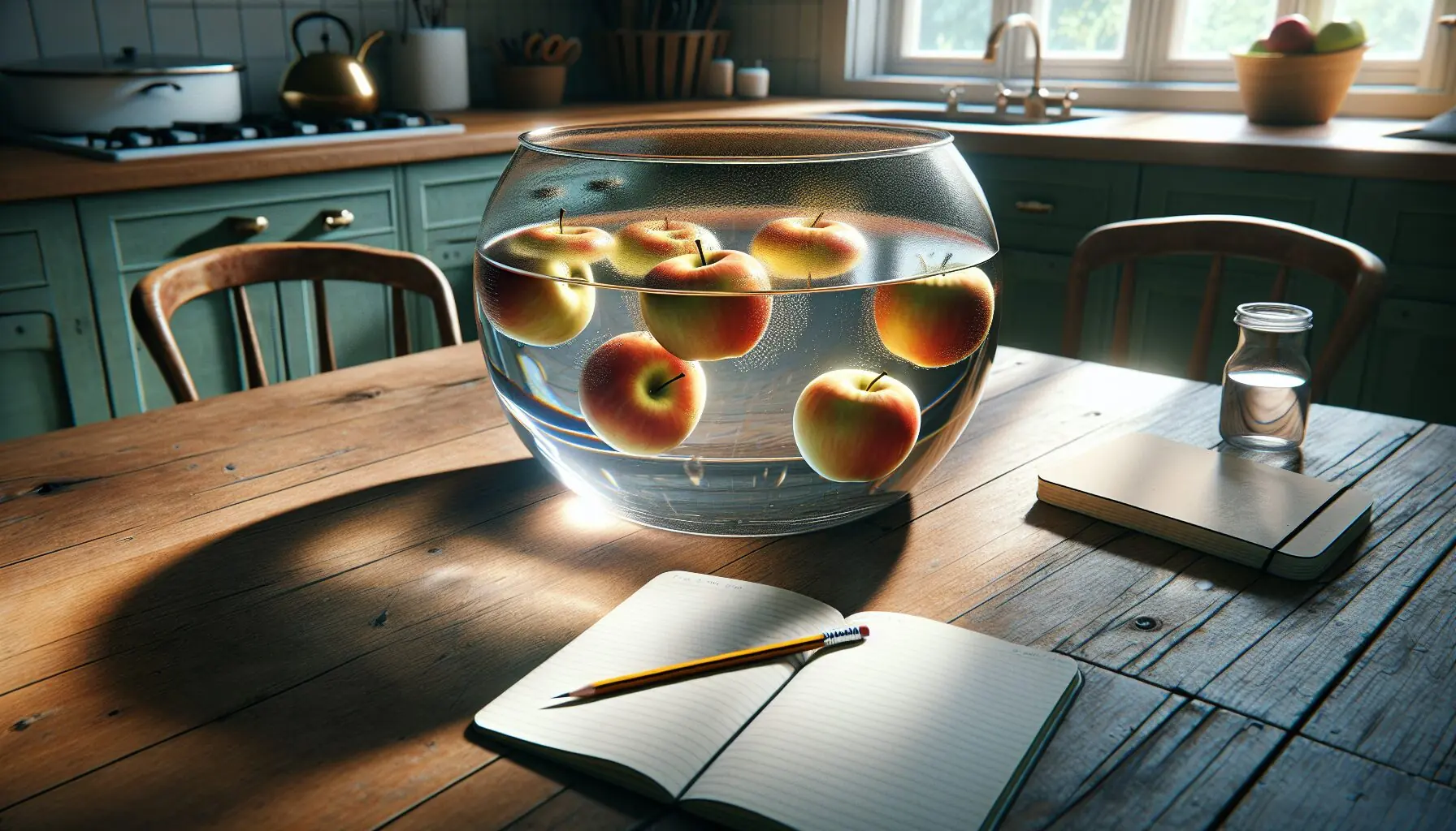 Generate an image of a clear bowl filled with water, a few apples partially submerged, with a background of scattered pencils and a notebook.