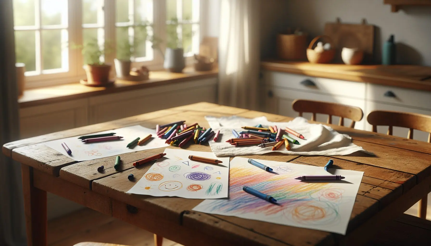 Generate an image of a child drawing shapes and colors post-activity, with crayons and paper on a table.