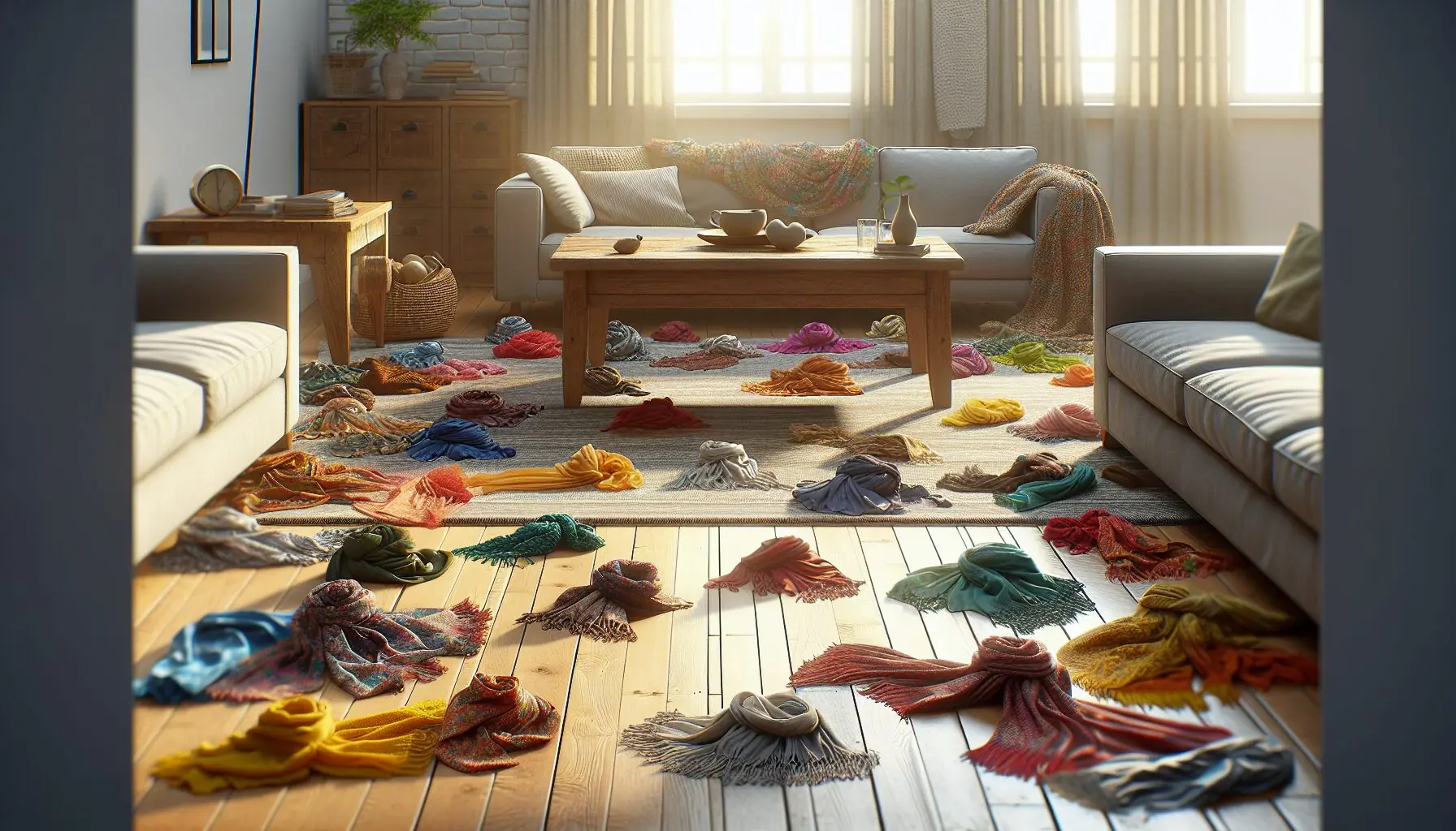 Generate an image of children dancing with colorful scarves in an open space.