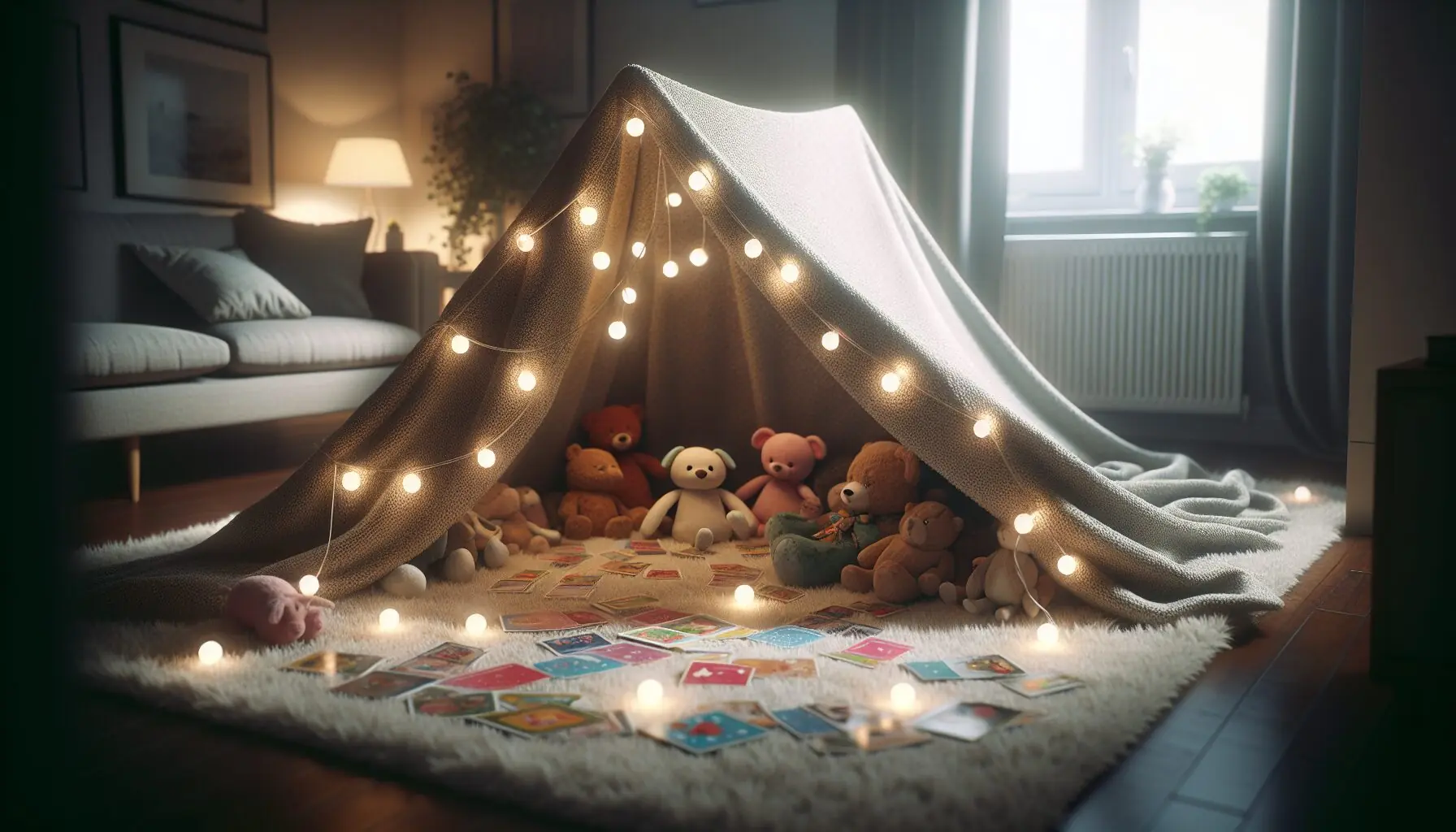 Generate an image of a cozy blanket fort with warm string lights and stuffed animals inside.