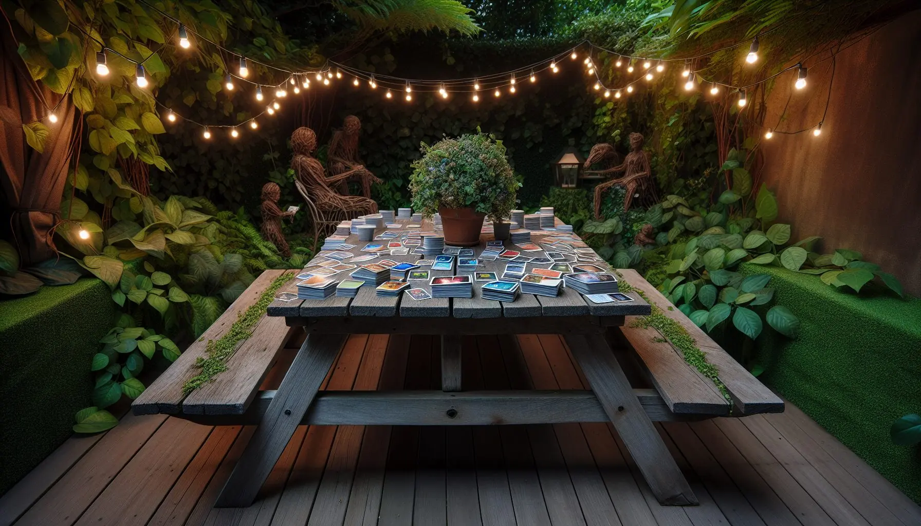 Generate an image of a family gathered around a picnic setting, with a backdrop of trees and fairy lights.