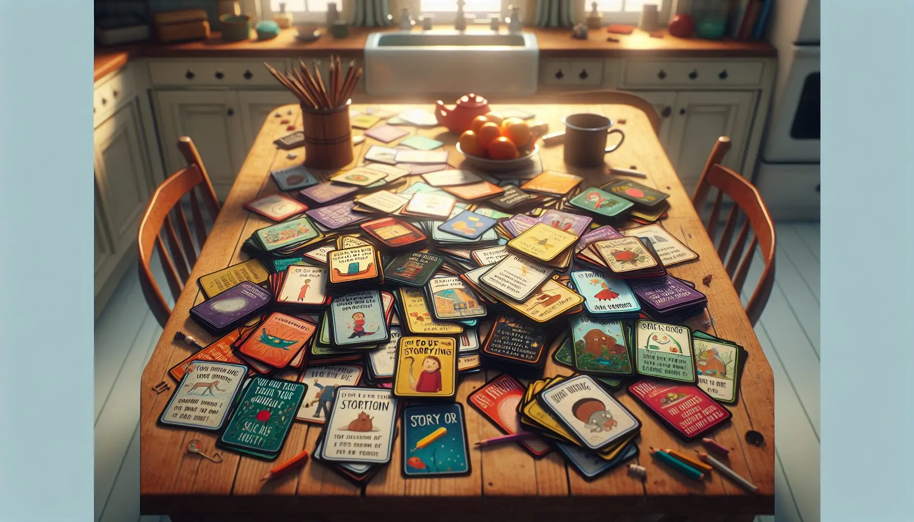 Generate an image of a colorful collection of story prompt cards on a wooden table.