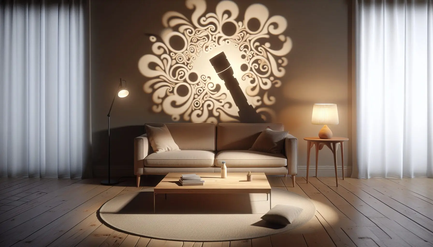Generate an image of a dimly lit room with a flashlight projecting whimsical, abstract shapes on a wall.