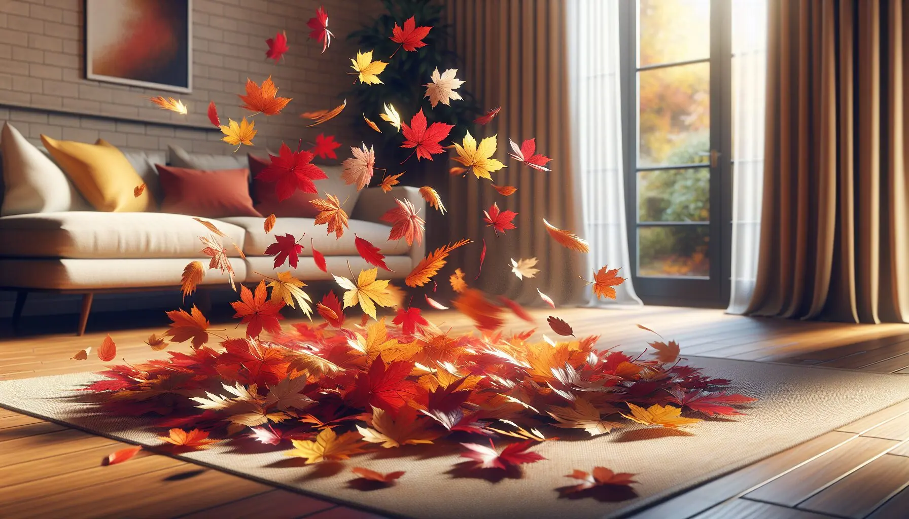 Generate an image of leaves gently twirling in an autumn breeze.