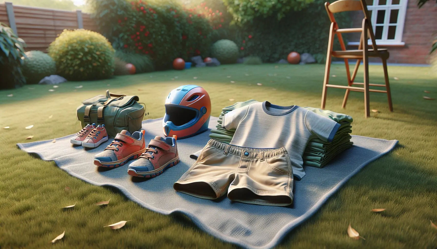 Create an image of comfortable children's clothing with sturdy shoes and a safety helmet laid out on a grass patch.