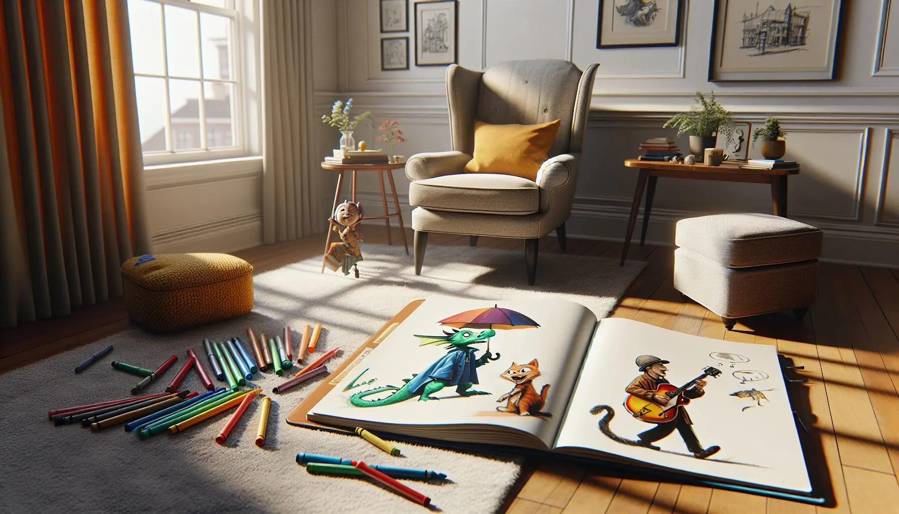 Generate an image of a colorful sketchbook open to drawings of imagined characters and scenes.