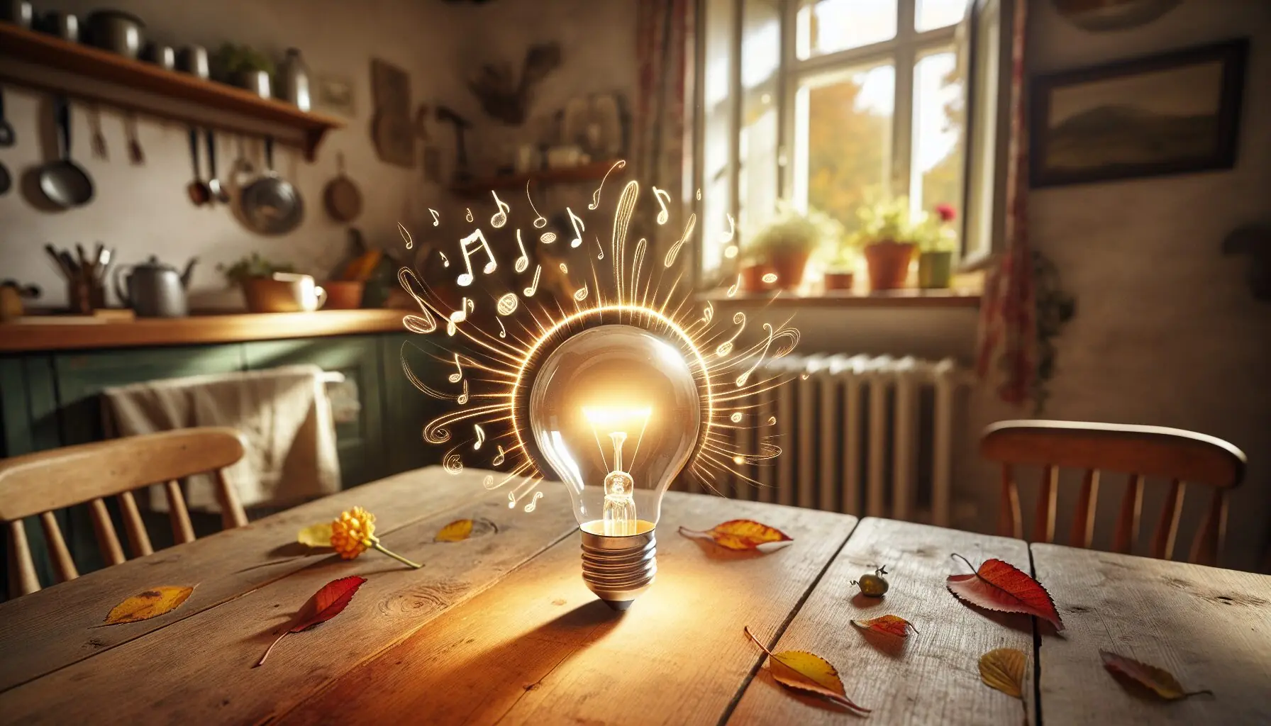 Generate an image of a glowing light bulb surrounded by doodles of musical notes and autumn leaves.