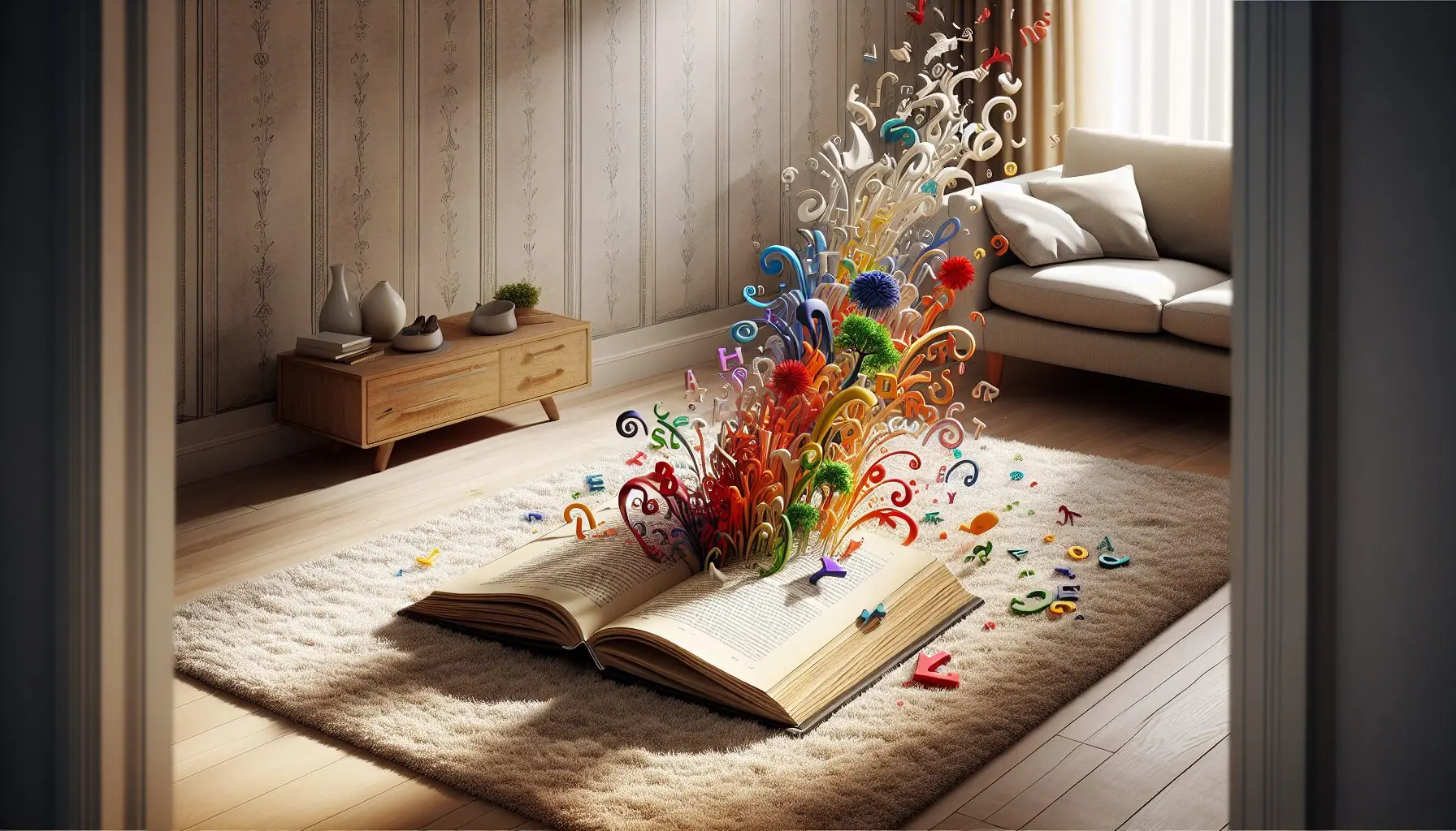 Generate an image of a whimsical open book with vibrant action words spilling out as colorful illustrations into an active scene.