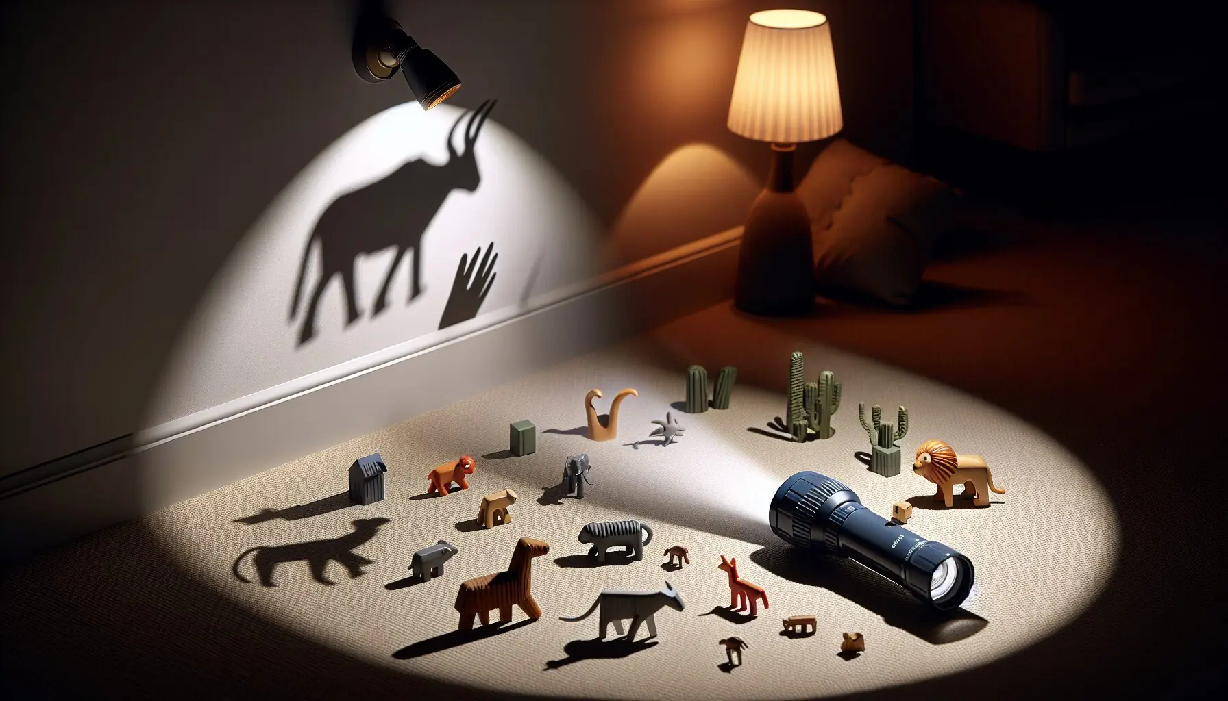 Generate an image of animated shadow puppets (like animals) cast onto a wall.