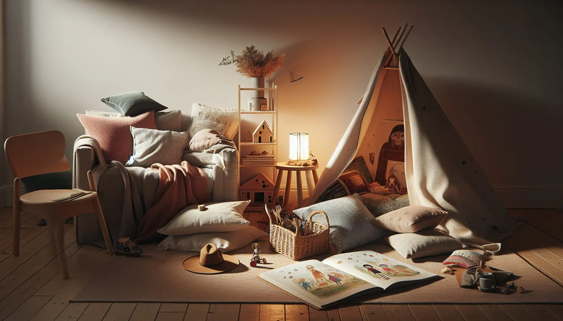 Generate an image of a softly lit room with subtle lighting over a storytelling session.