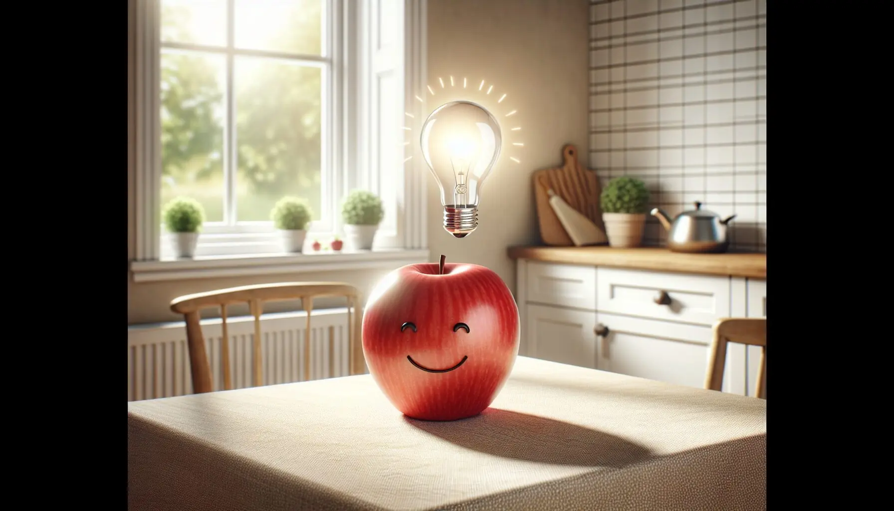 Generate an image of a smiling apple with a light bulb above it, symbolizing ideas and learning.