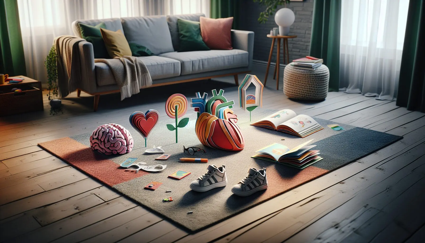 Design an image showing peppy icons of a heart, brain, and a book merging into a playful depiction of growth and joy.