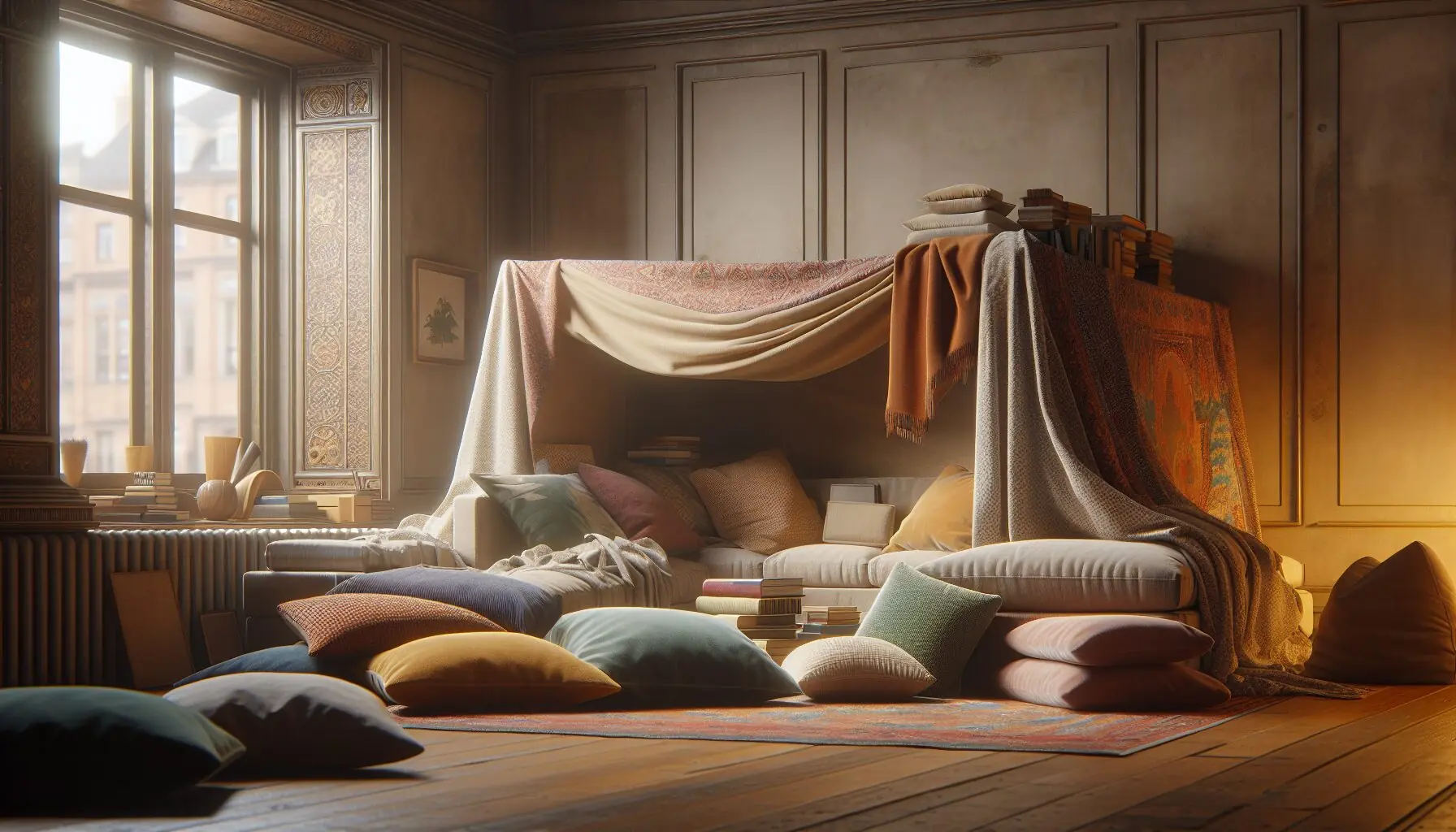 Generate an image of a cozy storytelling nook with pillows and a blanket fort.