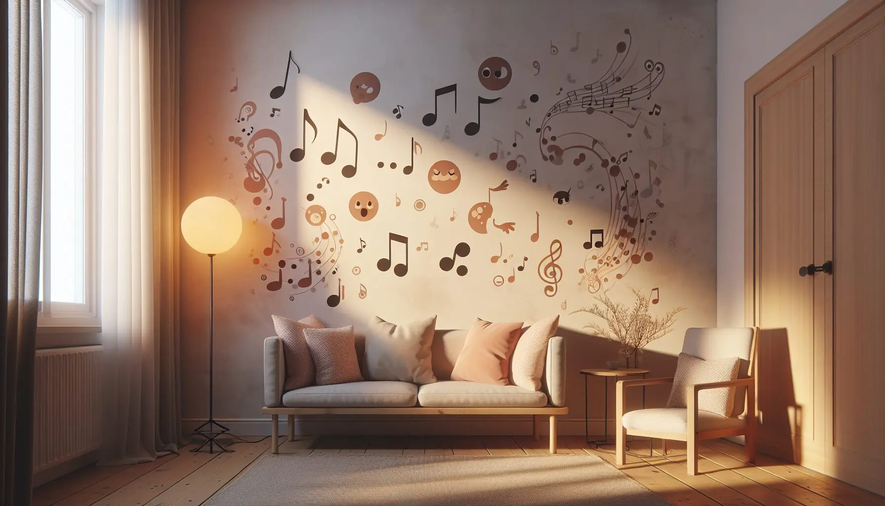 Generate an image of a wall with musical notes and abstract shapes surrounding cheerful faces.