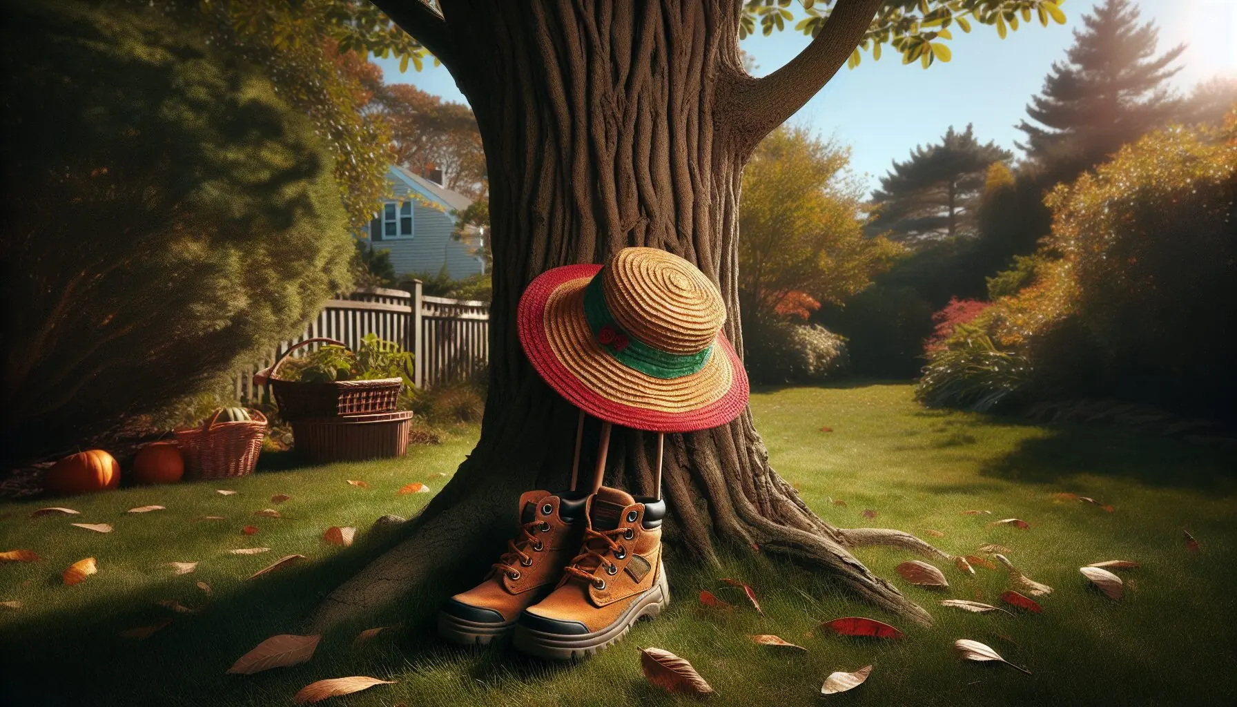 Generate an image of a child-sized sunhat and sturdy shoes placed at a tree's base.