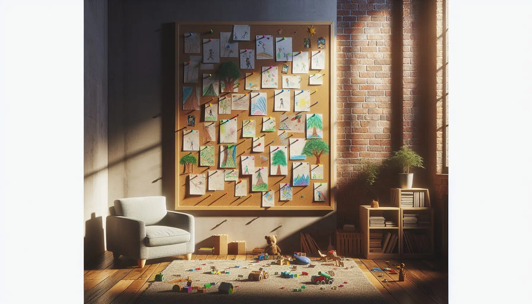 Generate an image of a large corkboard with colorful illustrated climbing stories pinned to it.