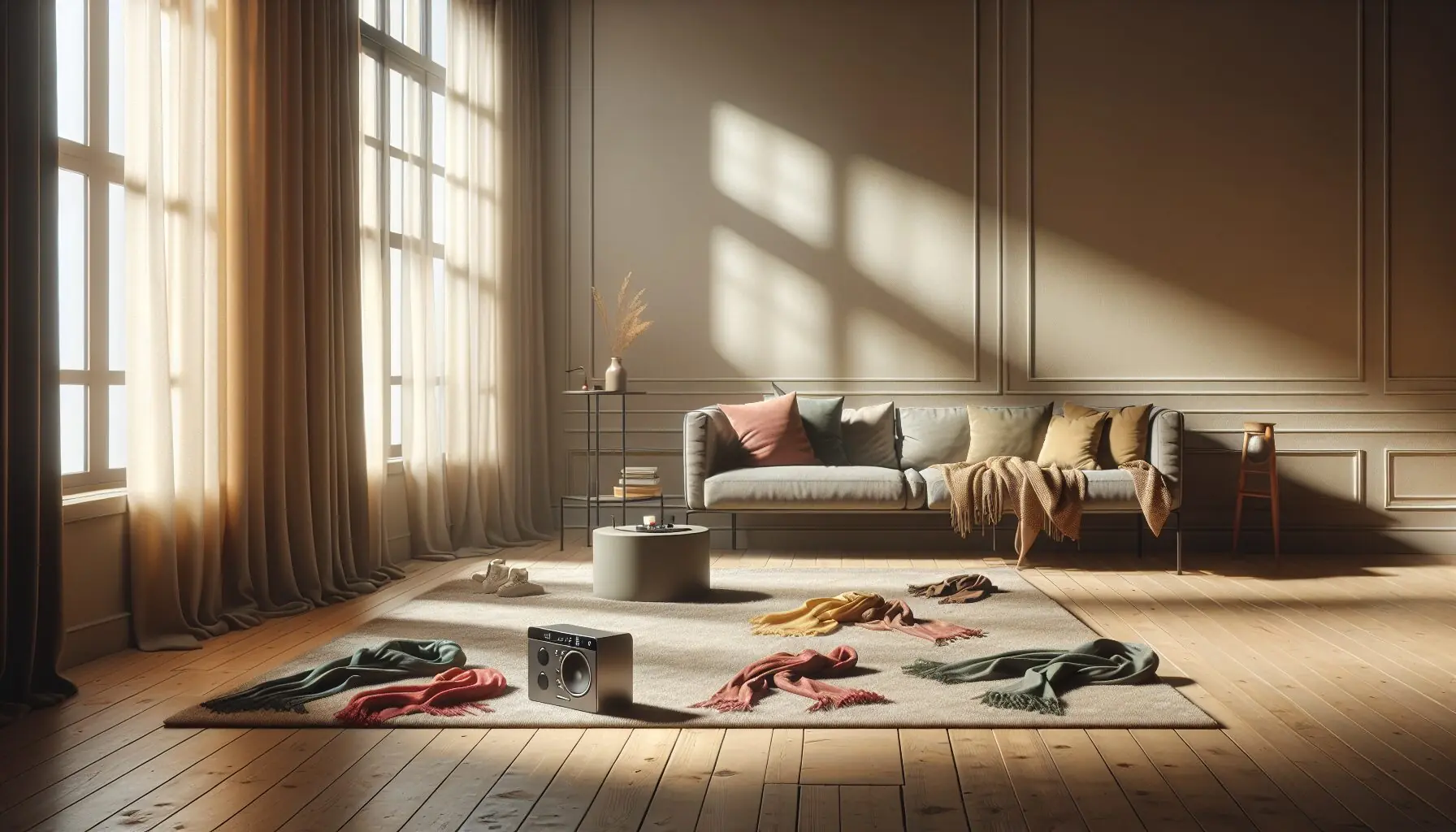 Generate an image of a cozy room with a rug, colorful scarves laid out, and a music player.