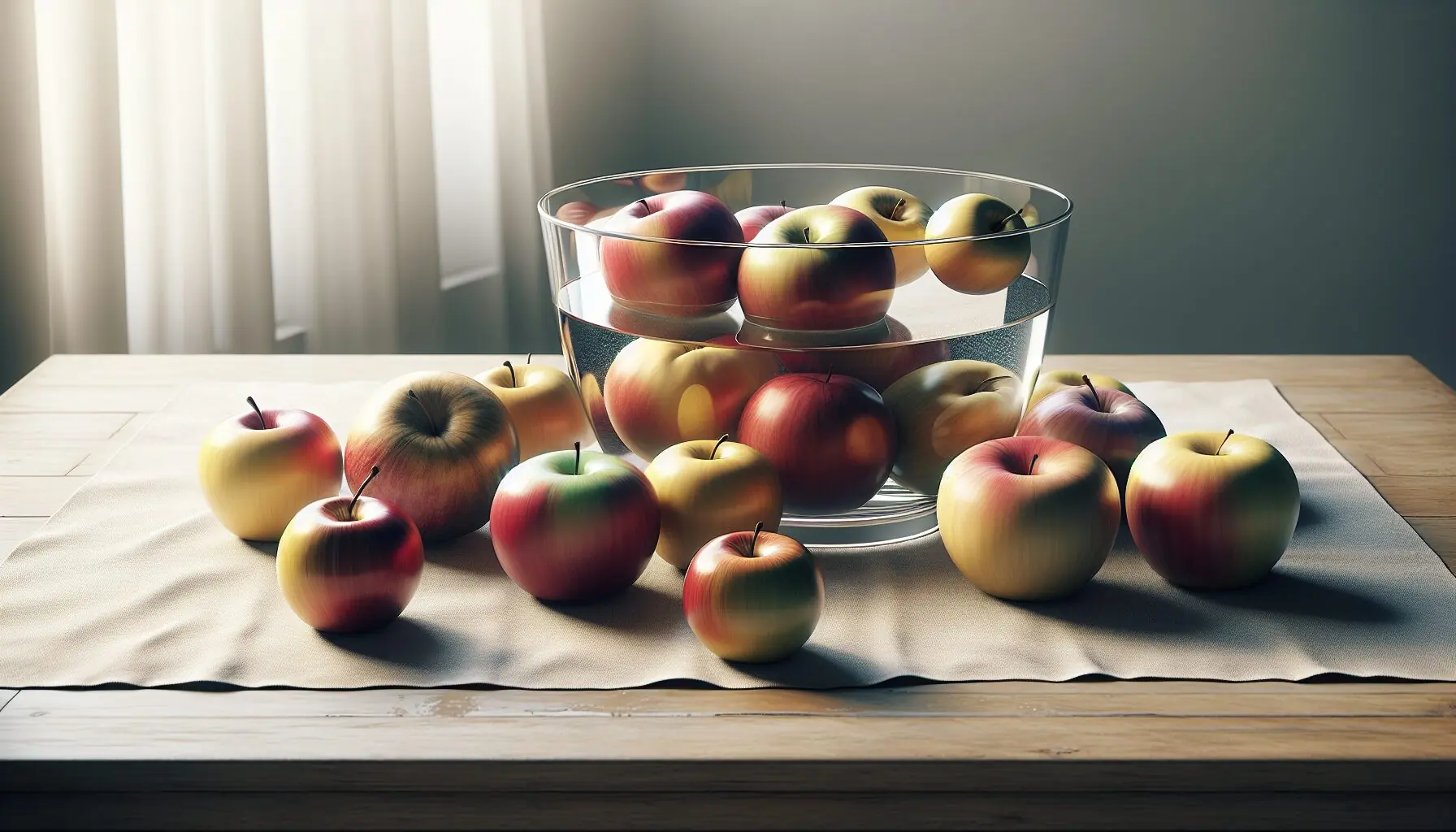 Generate an image of a variety of apples next to a glass bowl filled with water.