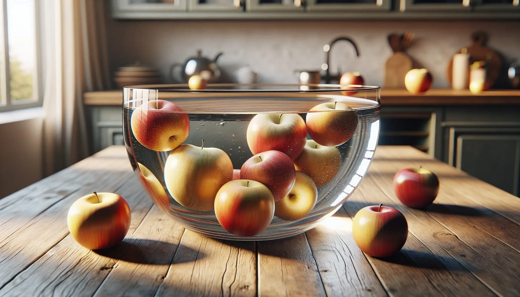 Generate an image showing a clear glass bowl of water with apples floating and sinking inside.